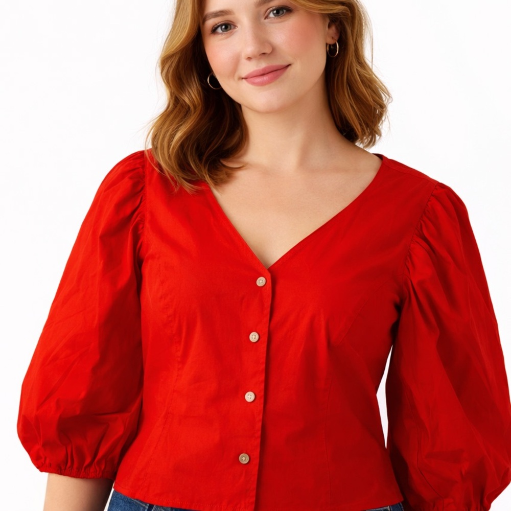 Tory Burch NWT Cotton Poplin V-Neck Blouse with Puff Sleeves RED Size 12